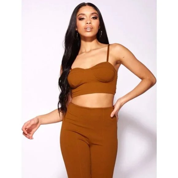 Brown Sleeveless Crop Top and High Waist Flare Pants Two Piece Set - Picture 7 of 12